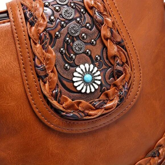 NEW Crossbody Bag Womens Brown Vintage Western Bucket Bag Ethnic Tooled Fringe - Picture 3 of 6